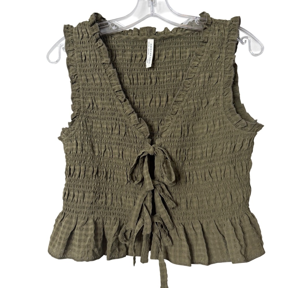 American Eagle Smocked Tie Front Top Womens Small Olive Green Ruffle Crop Vest
